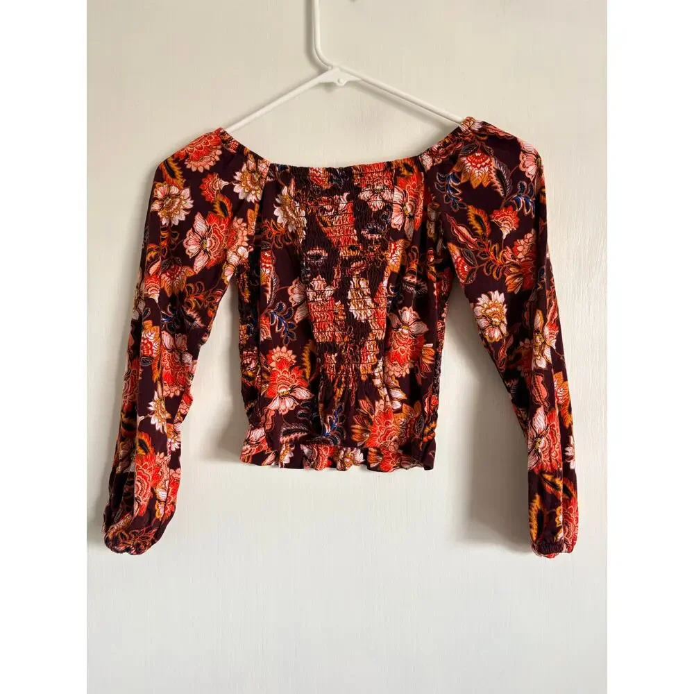 Old Navy Long Sleeve Printed Jersey Knit Smocked Top Girls M(8) Fall Boho Retro